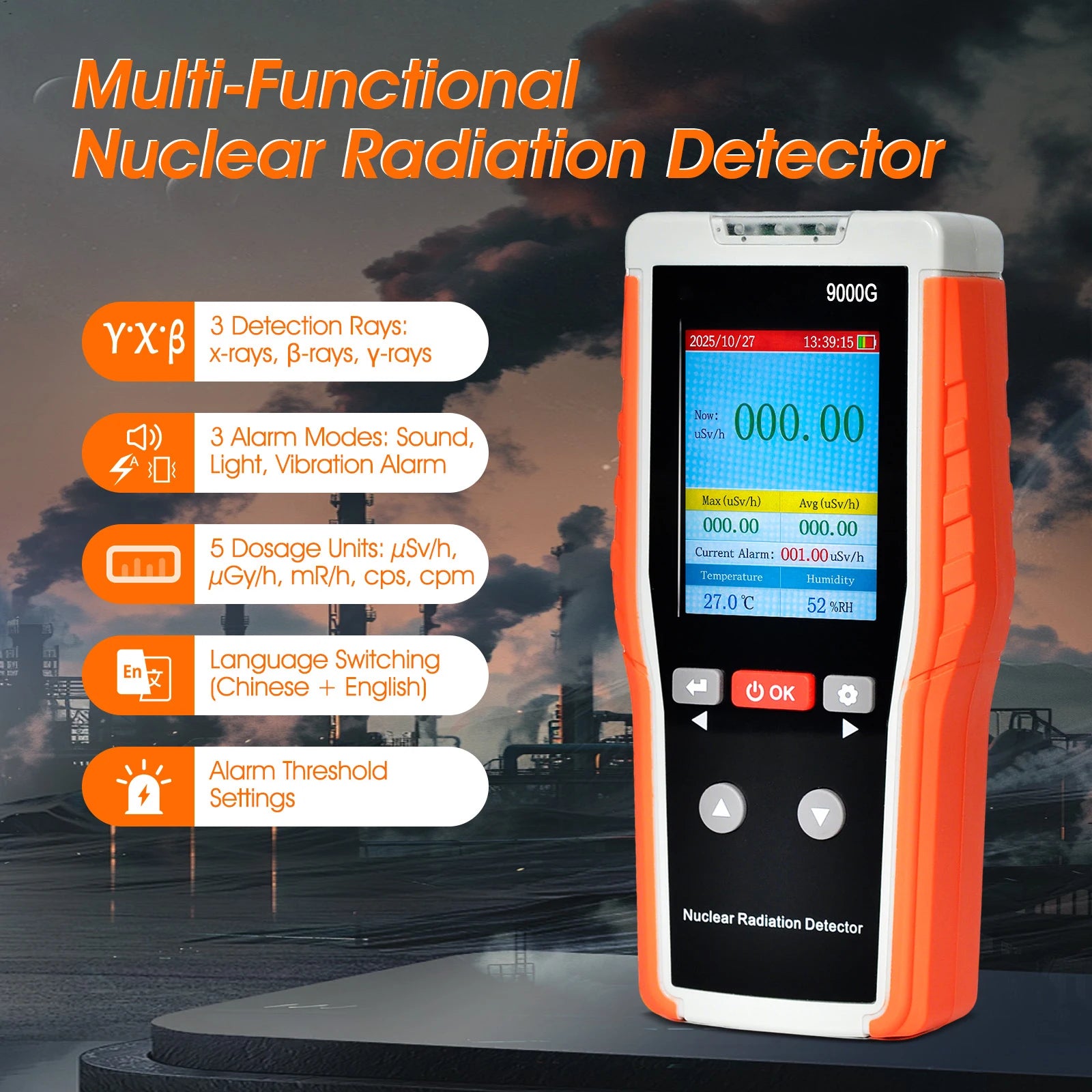 γ/X/β Rays, Nuclear Radiation Detection Equipment, Geiger Counter, 0.00–10,000 µSv/h, Audible, Visual & Vibrating Alarm