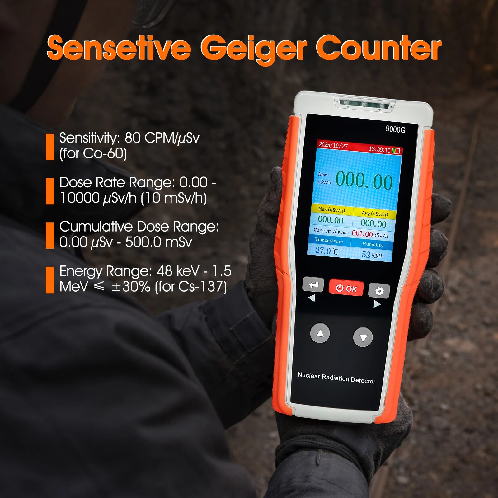 γ/X/β Rays, Nuclear Radiation Detection Equipment, Geiger Counter, 0.00–10,000 µSv/h, Audible, Visual & Vibrating Alarm